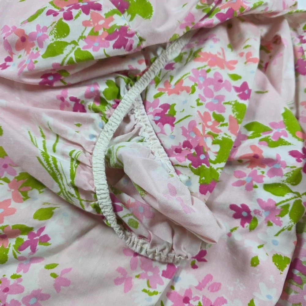 Vintage Burlington House Pink Floral Sheet Set Twin Percale 70s Made in USA
